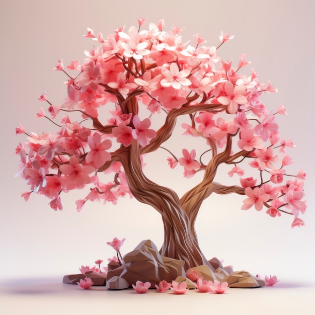 View of 3d tree with beautiful branches and pink leaves