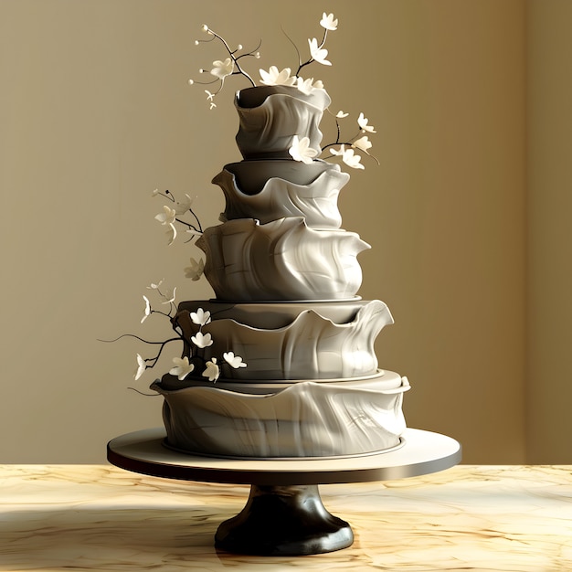 View of 3d wedding cake with decorations and ornaments