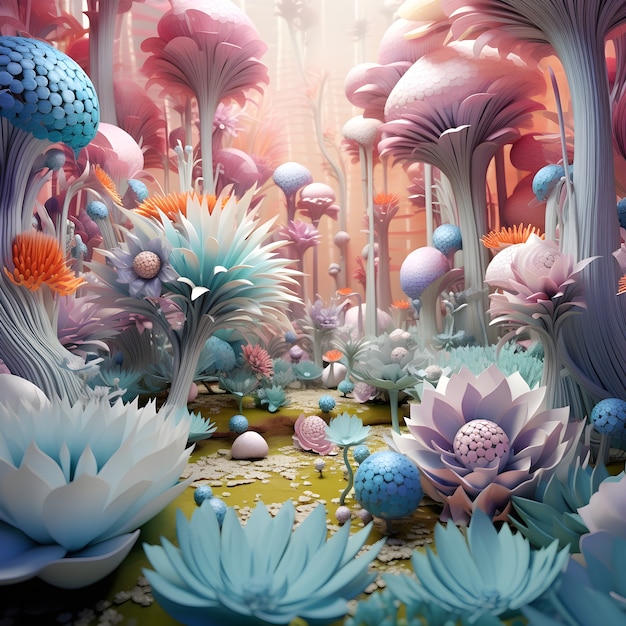 View of abstract 3d mystical landscape with flowers