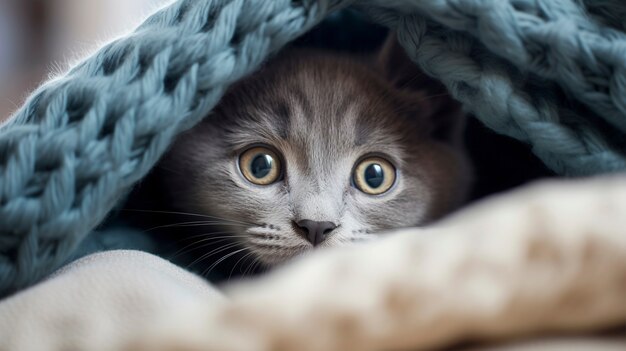 View of adorable kitten with blanket