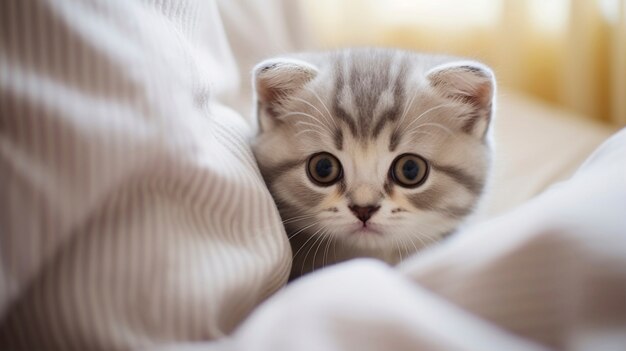 View of adorable kitten with blanket