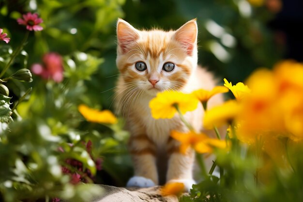 View of adorable kitten with flowers