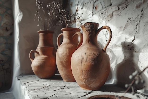 View of ancient pottery vessels and earthenware