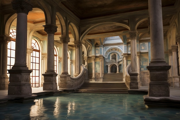 View of ancient roman palace with pool