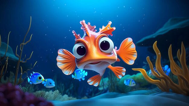 View of animated cartoon 3d fish