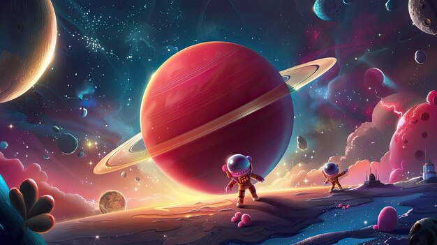 View of animated cartoon planets with astronaut