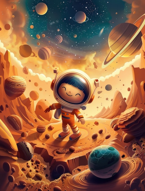 Free photo view of animated cartoon planets with astronaut