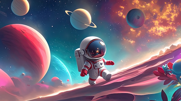 Free photo view of animated cartoon planets with astronaut