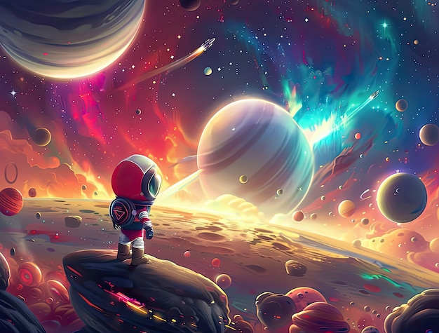 Free photo view of animated cartoon planets with astronaut