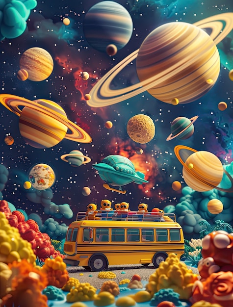 Free Photo view of animated cartoon planets with bus