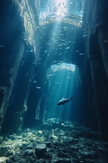 View of archeological underwater building ruins with marine life and fish