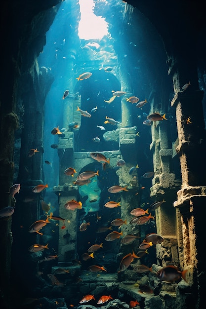 Free photo view of archeological underwater building ruins with marine life and fish