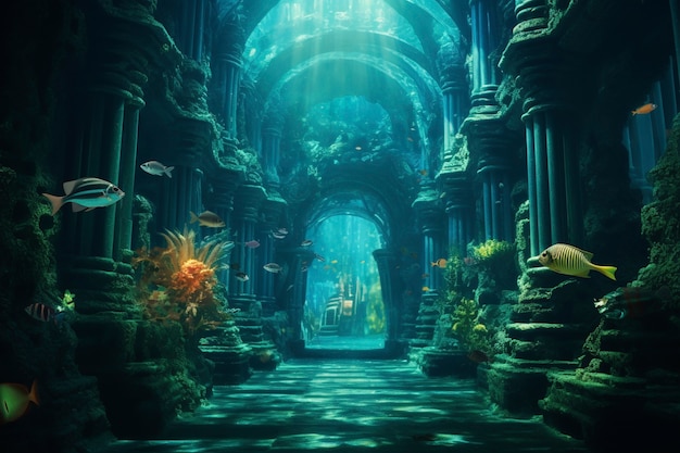 View of archeological underwater building ruins with marine life and fish