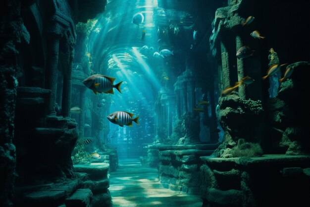 Free photo view of archeological underwater building ruins with marine life and fish