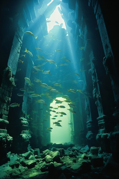 Free Photo view of archeological underwater building ruins with marine life and fish