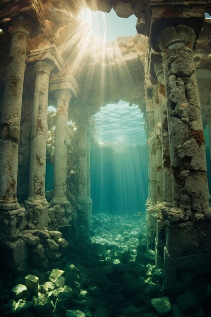 View of archeological underwater building ruins