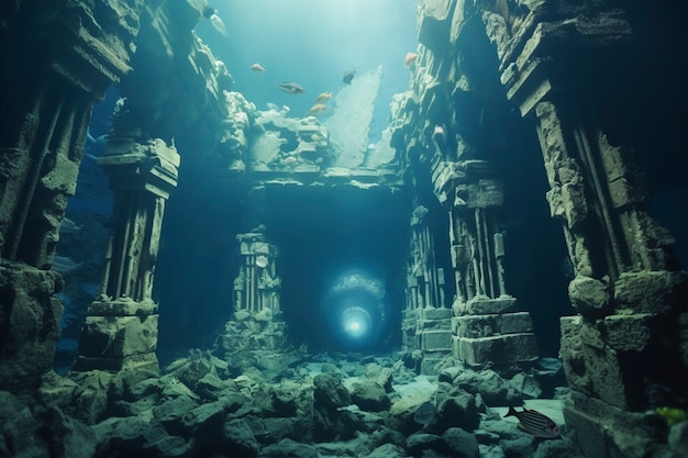 View of archeological underwater building ruins