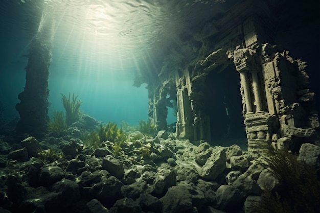 View of archeological underwater building ruins