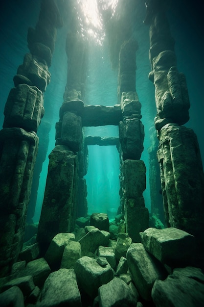 View of archeological underwater building ruins