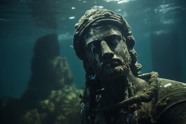 View of archeological underwater statue ruins