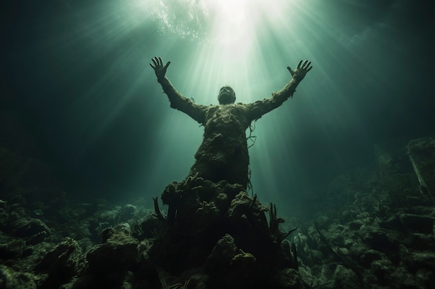 View of archeological underwater statue ruins