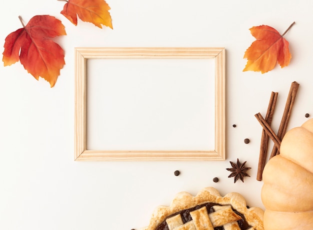 Above view arrangement with food and wooden frame