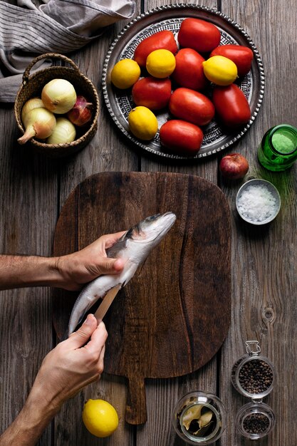 View of assortment of seafood with other garnish ingredients