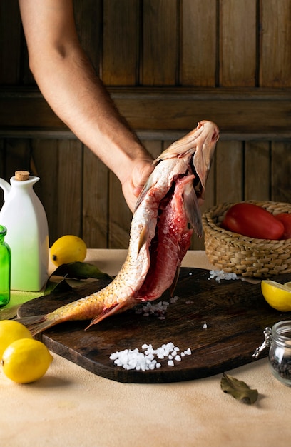 View of assortment of seafood with other garnish ingredients