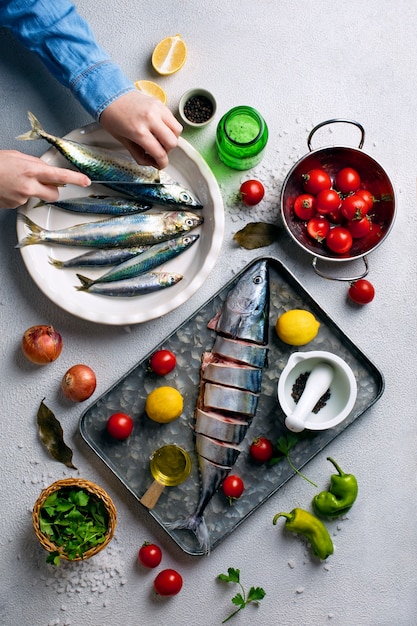 View of assortment of seafood with other garnish ingredients