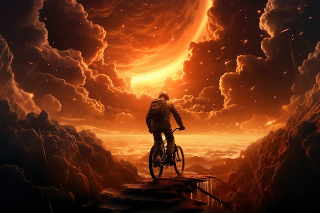 View of astronaut riding bike through clouds in mythical world