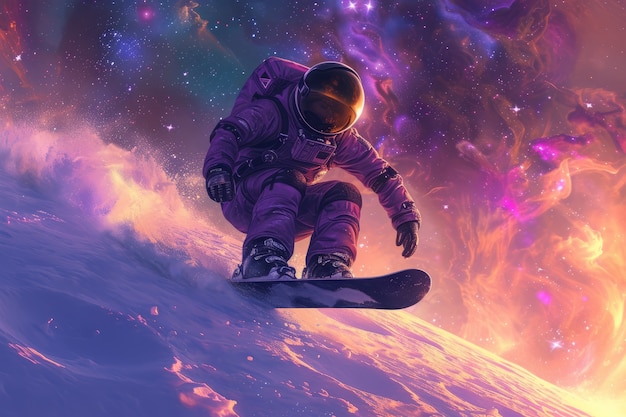 View of astronaut in spacesuit snowboarding on the moon