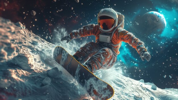 View of astronaut in spacesuit snowboarding on the moon