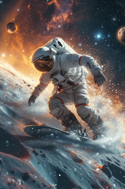 Free photo view of astronaut in spacesuit snowboarding on the moon