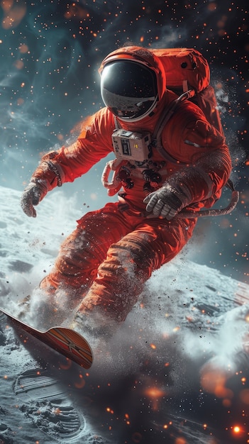 Free photo view of astronaut in spacesuit snowboarding on the moon