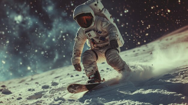 View of astronaut in spacesuit snowboarding on the moon