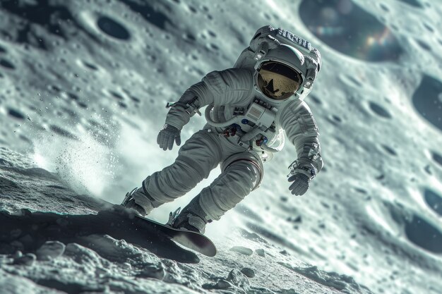 View of astronaut in spacesuit snowboarding on the moon