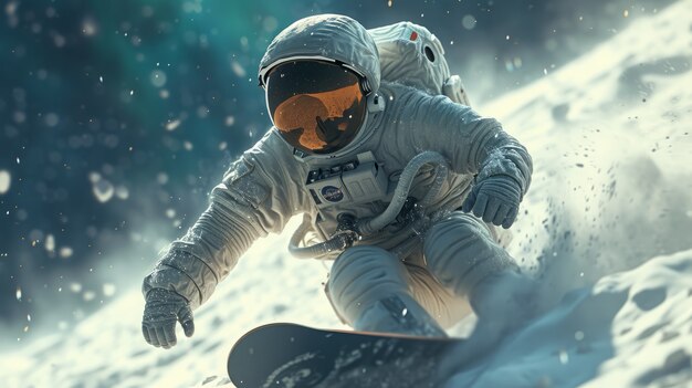 View of astronaut in spacesuit snowboarding on the moon