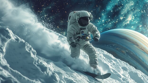 View of astronaut in spacesuit snowboarding on the moon