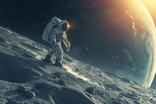 View of astronaut in spacesuit snowboarding on the moon