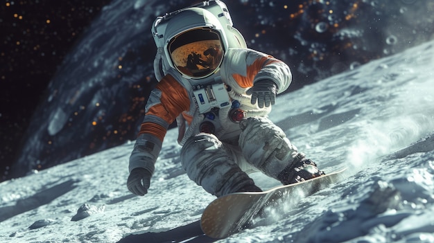 View of astronaut in spacesuit snowboarding on the moon