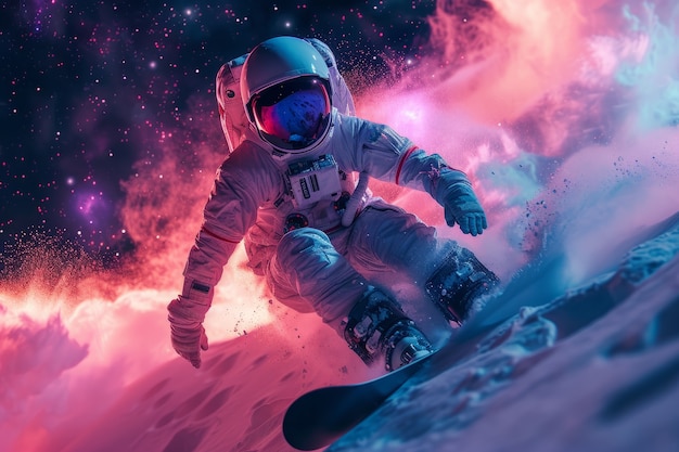 View of astronaut in spacesuit snowboarding on the moon