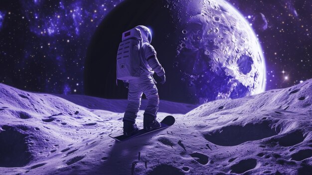 View of astronaut in spacesuit snowboarding on the moon