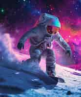 Free photo view of astronaut in spacesuit snowboarding on the moon