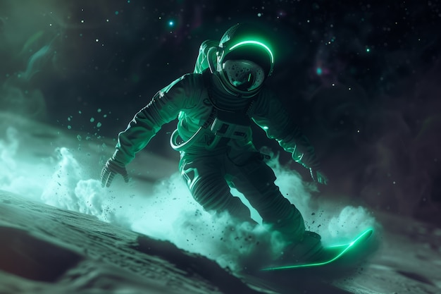 View of astronaut in spacesuit snowboarding on the moon