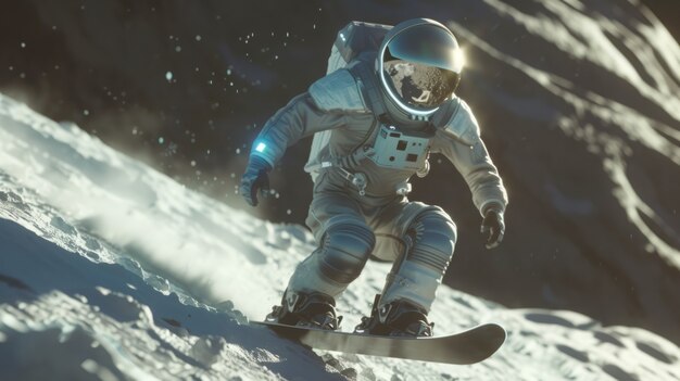 View of astronaut in spacesuit snowboarding on the moon