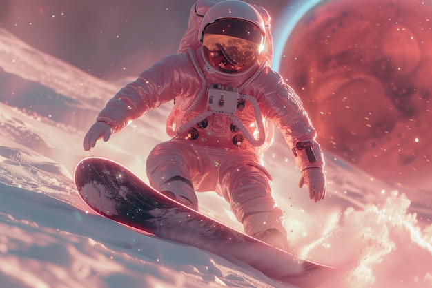 View of astronaut in spacesuit snowboarding on the moon