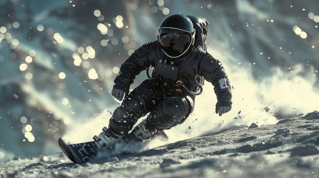 View of astronaut in spacesuit snowboarding on the moon