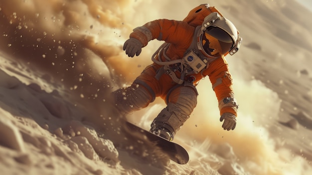 View of astronaut in spacesuit snowboarding on the moon