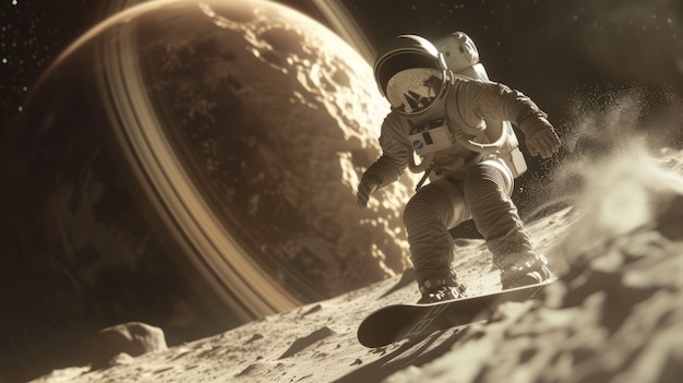 Free photo view of astronaut in spacesuit snowboarding on the moon