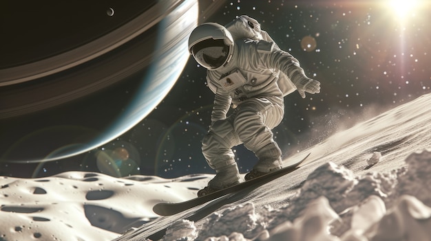 Free Photo view of astronaut in spacesuit snowboarding on the moon